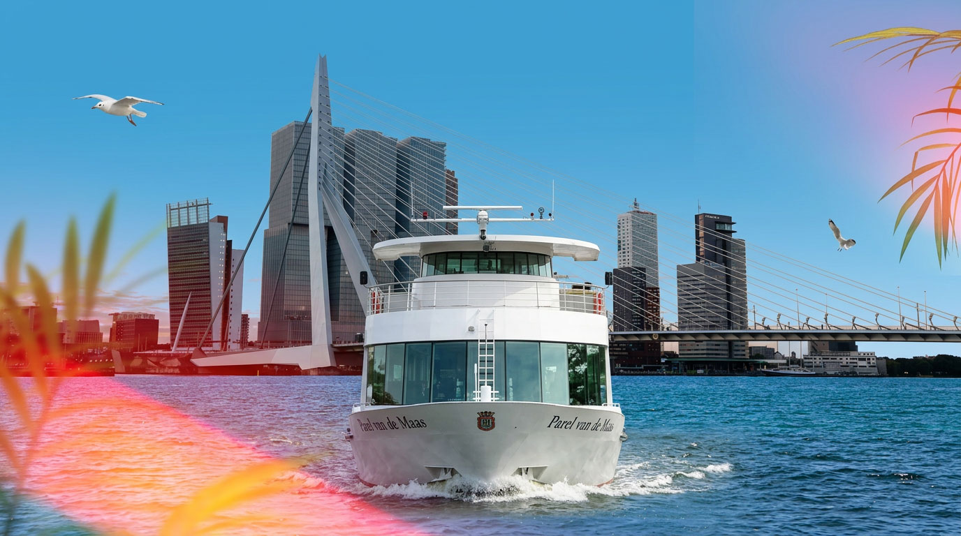 BBQ Cruise boat Parel van de Maas on the river in Rotterdam with Erasmusbrug in the background